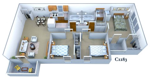 3d floor plan of a house with bedrooms and a living room